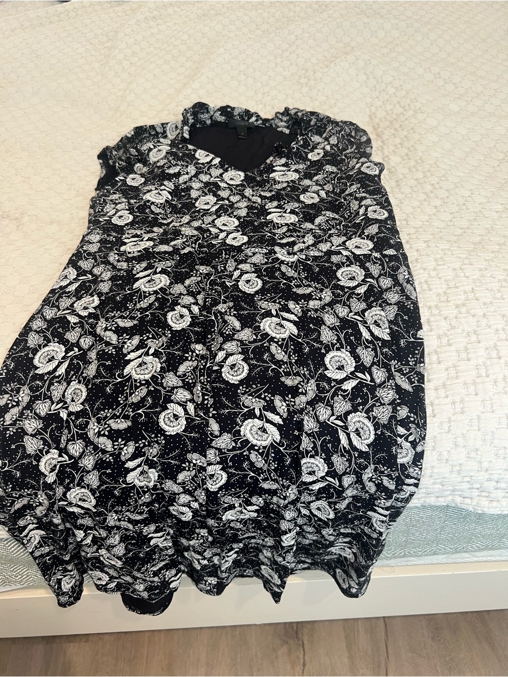 J. Crew Black and White Floral Midi Dress with Ruffle Neckline
